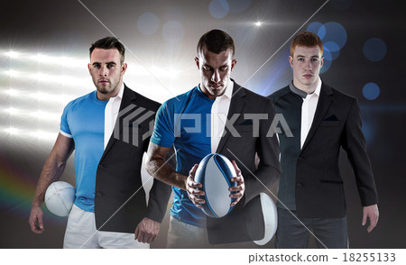 Composite image of rugby player holding a rugby ball 18255133