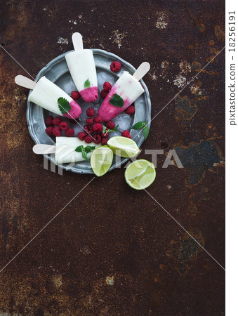 Raspberry lime yougurt ice-creams or popsicles Raspberry lime yougurt ice-creams or popsicles 18256191