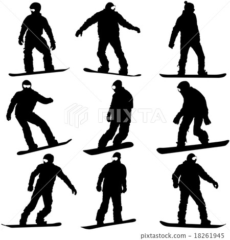 Black silhouettes set snowboarders on white . 18261945