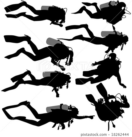 Set black silhouette scuba divers. Vector . 18262444