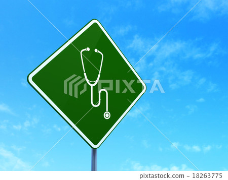 Health concept: Stethoscope on road sign Health concept: Stethoscope on road sign 18263775