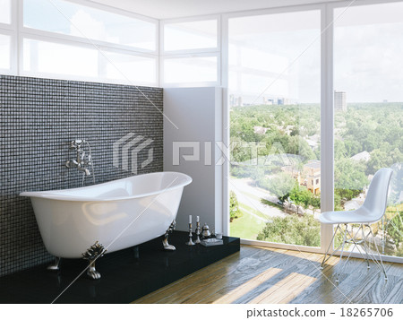 modern bathroom in bright interior with big window modern bathroom in bright interior with big window 18265706
