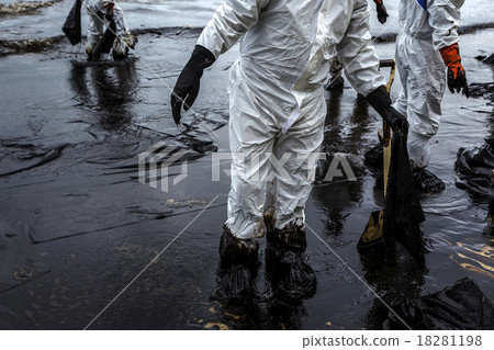Workers remove crude oil from a beach 18281198