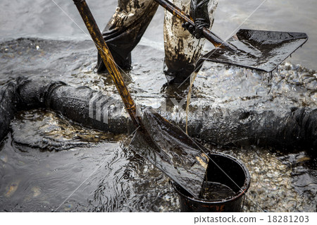 Workers remove crude oil from a beach 18281203
