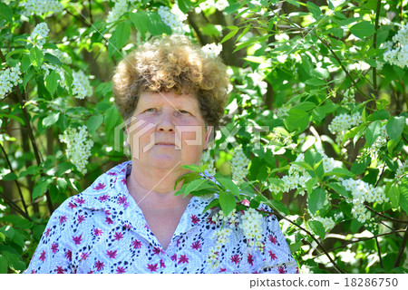 Pensive elderly woman in  spring nature with cherry flowers 18286750