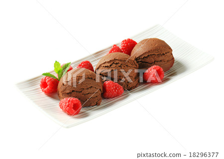 Chocolate ice cream with fresh raspberries Chocolate ice cream with fresh raspberries 18296377