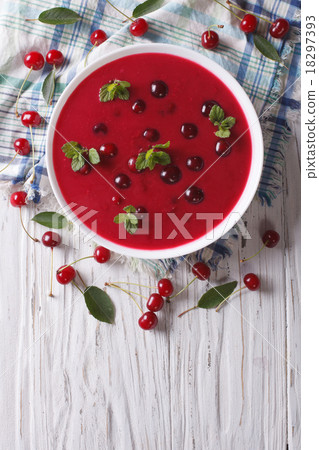 cherry cream soup with mint top view cherry cream soup with mint top view 18297393