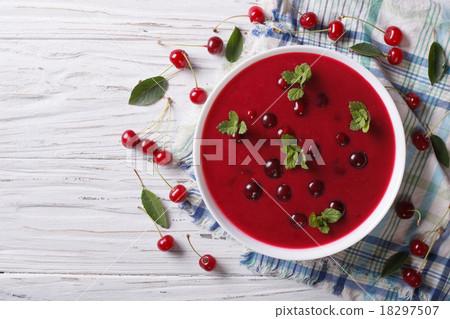 Hungarian cold cherry soup on the table top view Hungarian cold cherry soup on the table top view 18297507