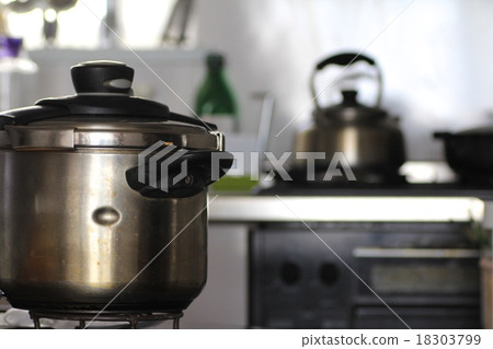 A deep, old pressure cooker in the kitchen. Cooking equipment. 18303799
