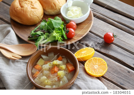 A plate of table rolls and soup with plenty of vegetables A plate of table rolls and soup with plenty of vegetables 18304031