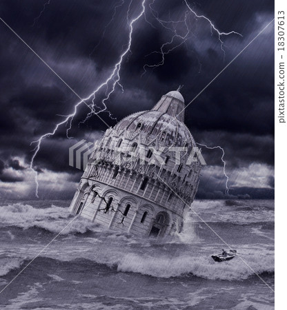 Tower sinking in apocalyptic flood and storm 18307613