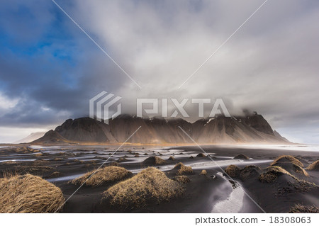 Vesturhorn Mountain and black sand dunes, Iceland 18308063