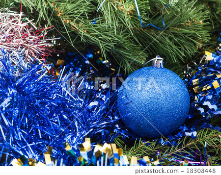 blue Christmas bauble, tinsel, Xmas tree 7 18308448