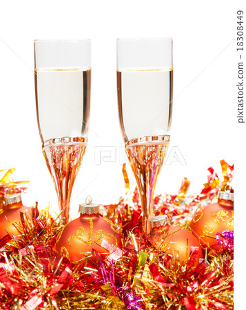 glasses of sparkling wine and orange Xmas balls glasses of sparkling wine and orange Xmas balls 18308449