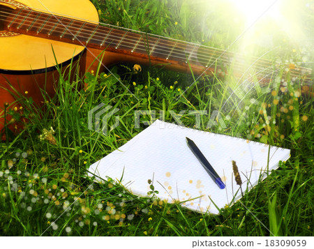 Photo guitar and notepad with pen on the grass 18309059