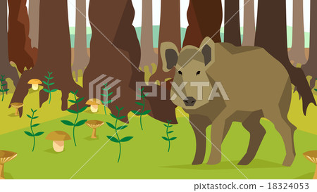 Boar in forest with trees, fungus, seamless 18324053