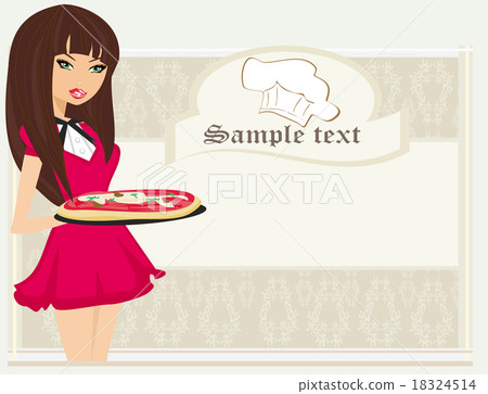 beautiful woman waitress enjoys pizza - menu beautiful woman waitress enjoys pizza - menu 18324514