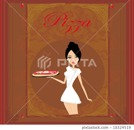 beautiful woman waitress enjoys pizza - menu 18324519