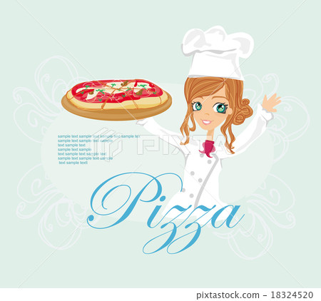beautiful young woman chef enjoys pizza - menu beautiful young woman chef enjoys pizza - menu 18324520