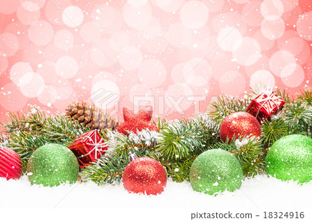 Christmas tree and bauble decor on snow Christmas tree and bauble decor on snow 18324916