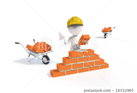 Builder in the helmet with a shovel and bricks Builder in the helmet with a shovel and bricks 18332965