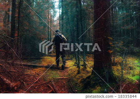 traveler in autumn mystical forest view from the back 18335844