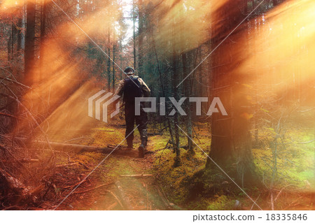 traveler in autumn mystical forest view from the back 18335846