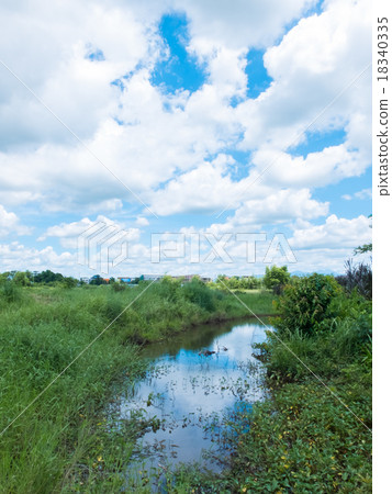 Blue sky clouds and meadow with lake 18340335