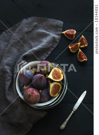 Rustic metal bowl of fresh figs on dark background Rustic metal bowl of fresh figs on dark background 18344891