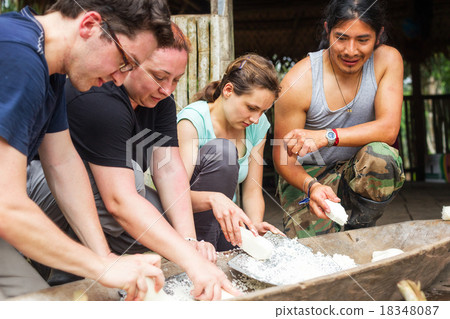 Group Of Tourists Cooking Indigenous Style Group Of Tourists Cooking Indigenous Style 18348087