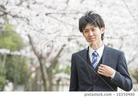 A man from a new hiring standing in front of cherry blossoms A man from a new hiring standing in front of cherry blossoms 18350480