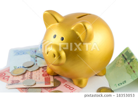 Piggy bank in gold color on bank and coin Piggy bank in gold color on bank and coin 18353053