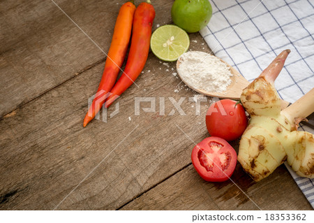 Set ingredient of spicy soup on wooden table Set ingredient of spicy soup on wooden table 18353362