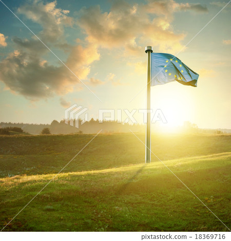 european union flag on sunset landscape european union flag on sunset landscape 18369716