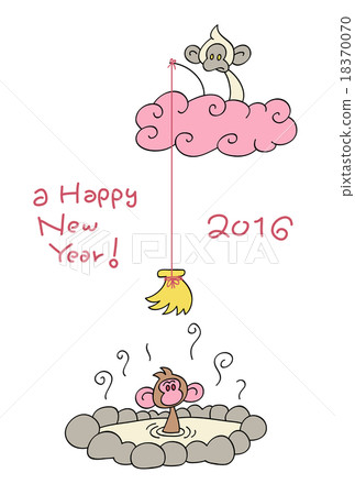 一隻日本猴子進入溫泉與雲上面的白色猴子（新年卡2016） 18370070