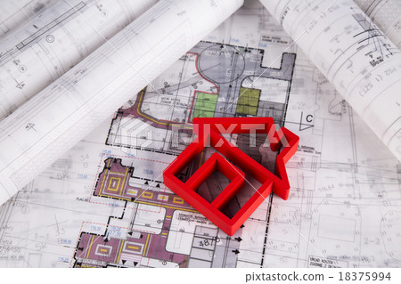 House under construction, blueprints concept 18375994
