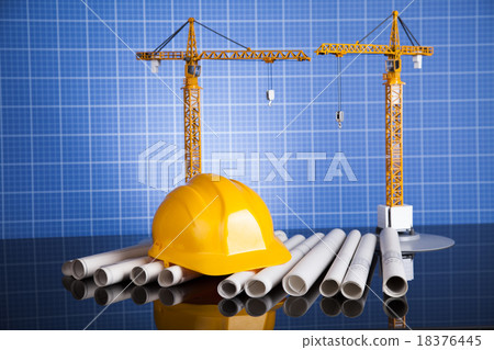 Crane, Safety helmet, Blueprints and construction  18376445