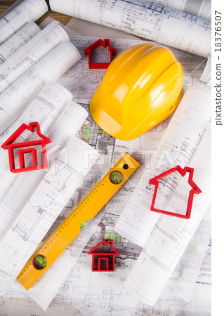 Yellow helmet, project drawings and house model Yellow helmet, project drawings and house model 18376507