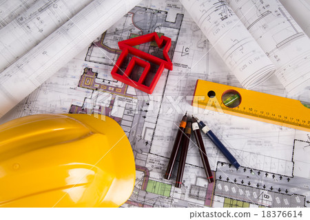 Yellow helmet, project drawings and house model Yellow helmet, project drawings and house model 18376614