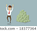 Businessman with huge pile of dollar packs 18377364