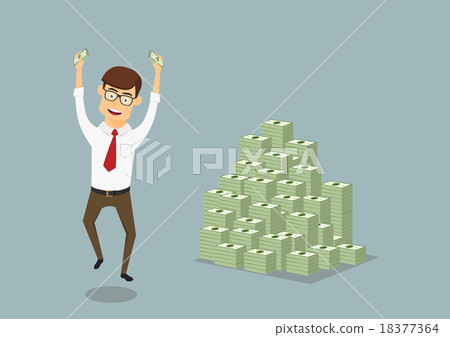 Businessman with huge pile of dollar packs Businessman with huge pile of dollar packs 18377364