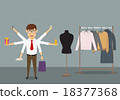 Multitasking businessman shopping in clothes store 18377368