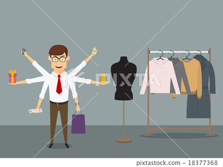 Multitasking businessman shopping in clothes store 18377368