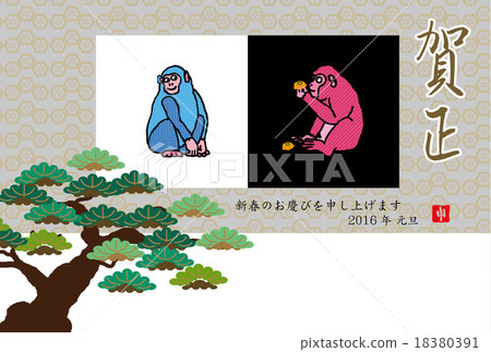 Two Monkey and Pine Tree illustration New Year's card template 18380391