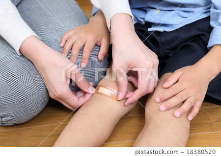 A mother who puts a bandage on the foot of an injured child A mother who puts a bandage on the foot of an injured child 18380520