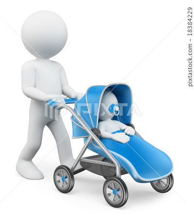 3D white people. Man pushing a baby stroller 3D white people. Man pushing a baby stroller 18384229