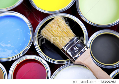 圖庫照片: paint brush and cans, bright colorful tone concept