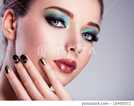 Close-up face of a Beautiul woman with green creative make-up Close-up face of a Beautiul woman with green creative make-up 18400072