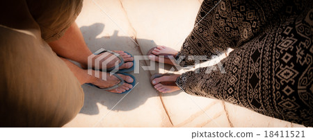 Top view of two pair dirty foot with flip flops Top view of two pair dirty foot with flip flops 18411521