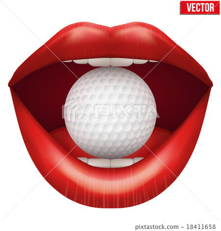 Womans open mouth with golf ball in lips. Womans open mouth with golf ball in lips. 18411658